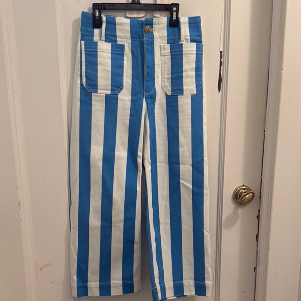 The Colette Cropped Wide-Leg Jeans by Maeve. Blue and White Striped Pants.
